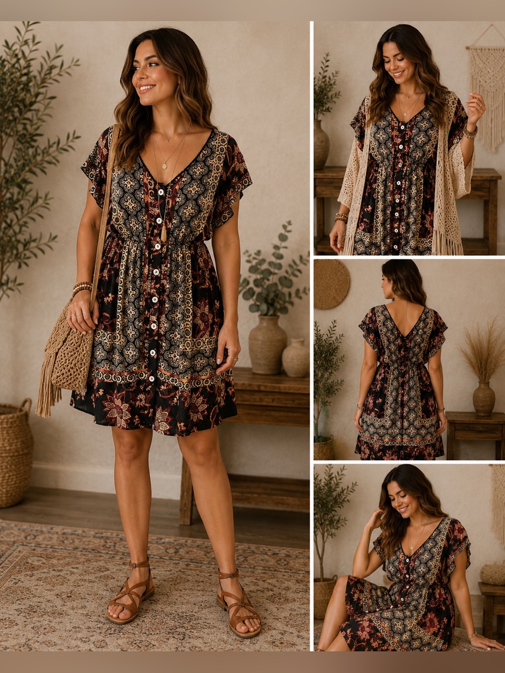 Angie Boho Mini Dress Womens M Patchwork Floral Babydoll Festival Peasant